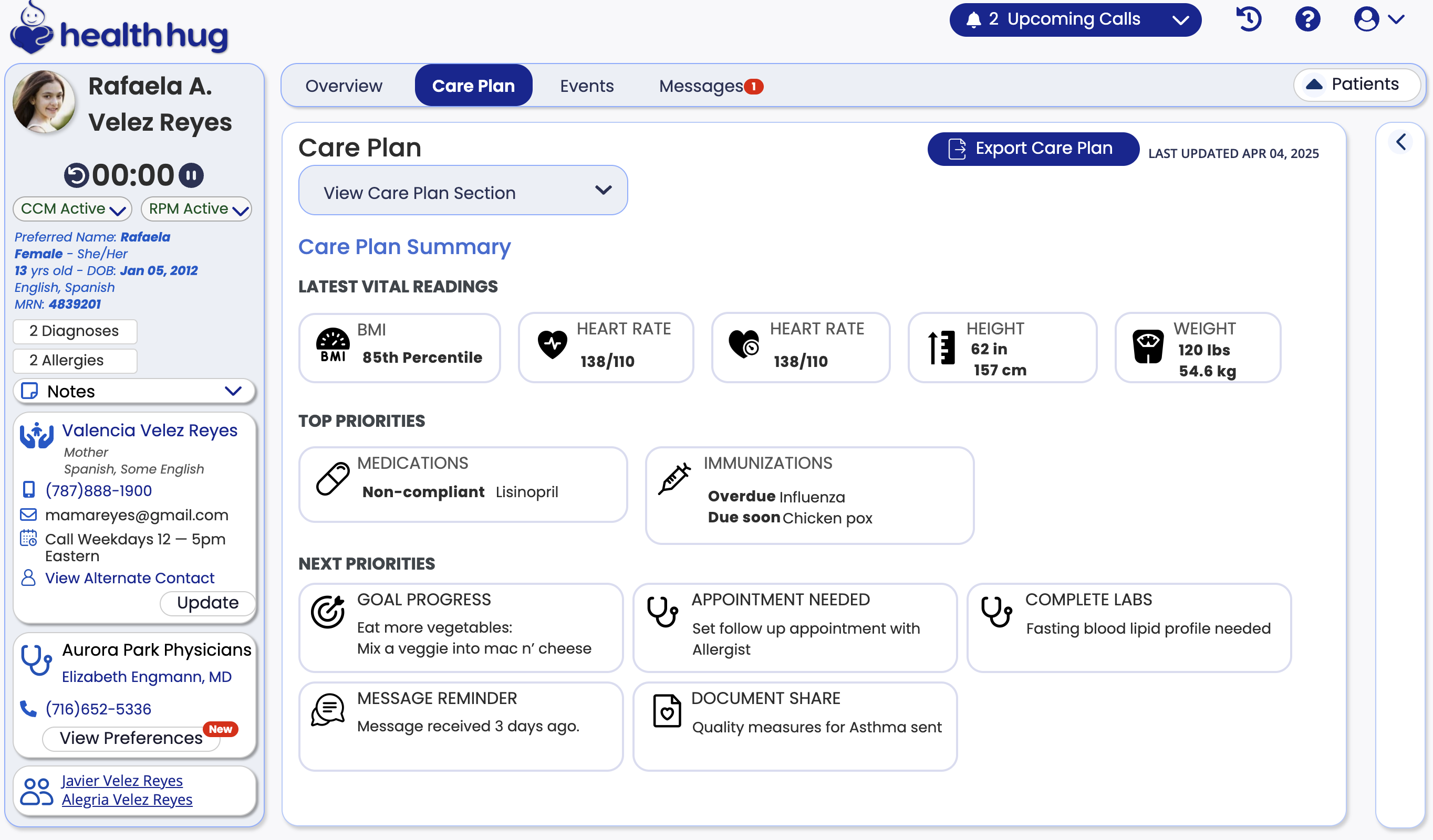 care plan summary screen highlighting changes to patient chart