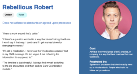 Rebellious Robert persona showing his archetypes, goals, frustrations, and quotes from user research