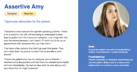 Assertive Amy persona showing her archetypes, goals, frustrations, and quotes from user research